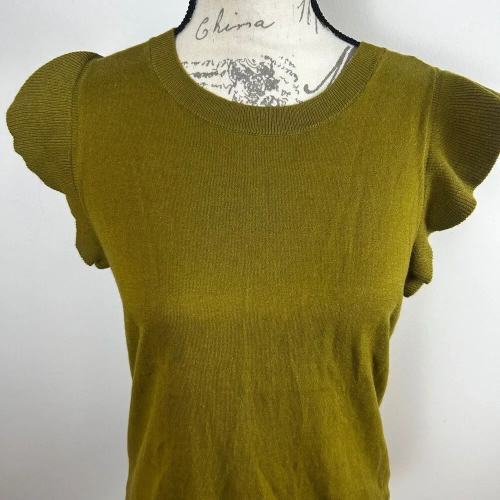 LOFT Outlet Women's Medium Olive Green Ruffle Cap Sleeve Knit Sweater Top